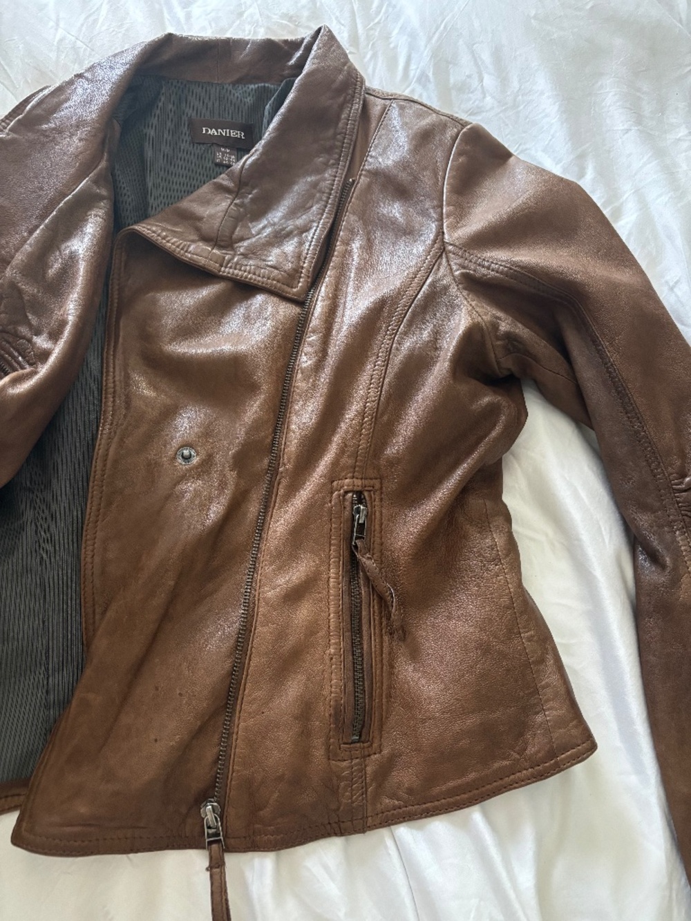 Danier brown leather asymmetrical moto jacket.